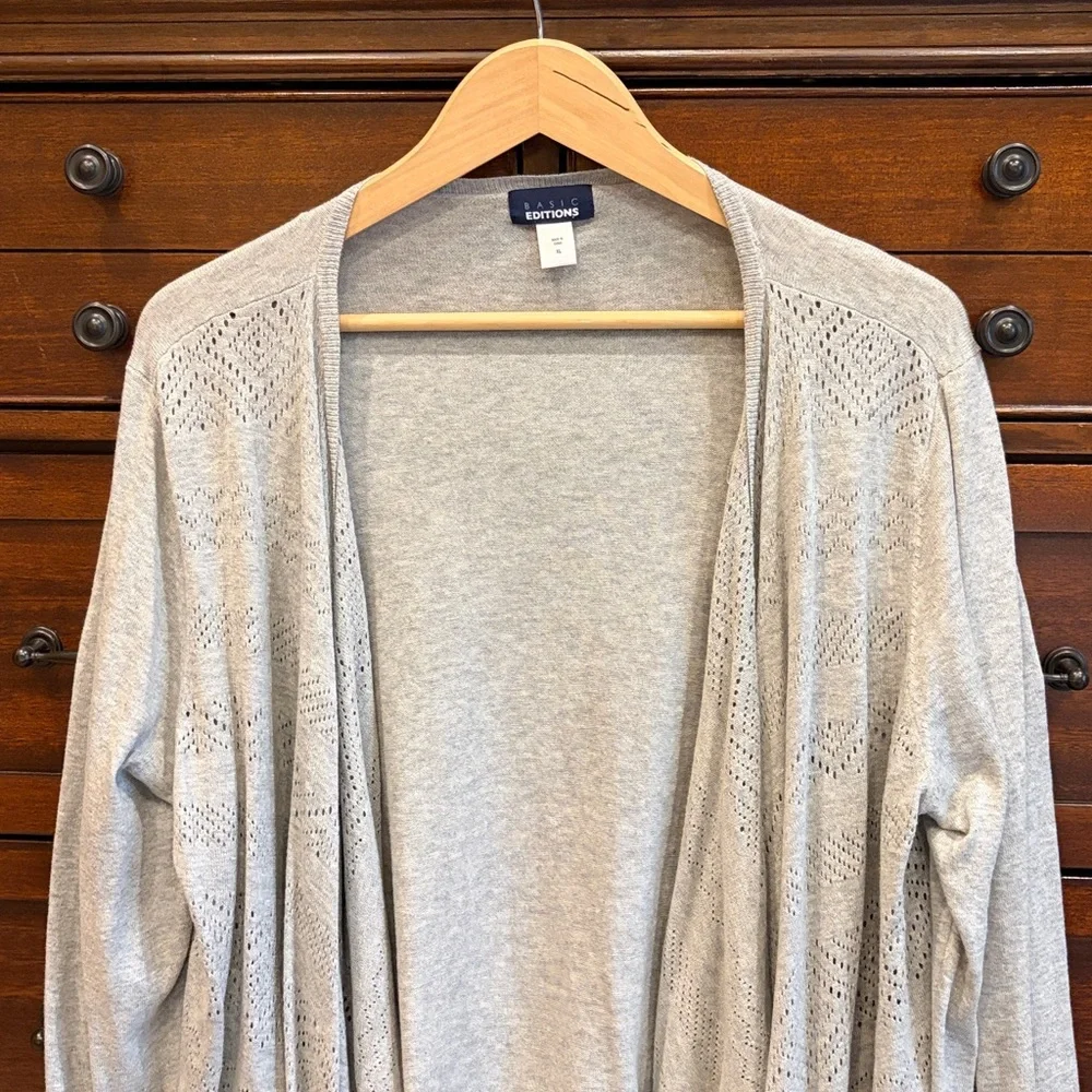 Basic Editions Womens Gray Cardigan XL Cotton Open Front Drapey Crochet Detail - Picture 3 of 9